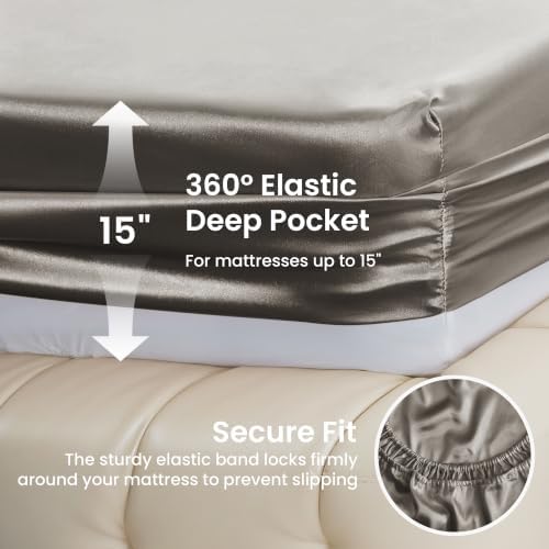 Love's cabin Satin Queen Sheets Set, 4 Pieces, Taupe Grey, 15" Deep