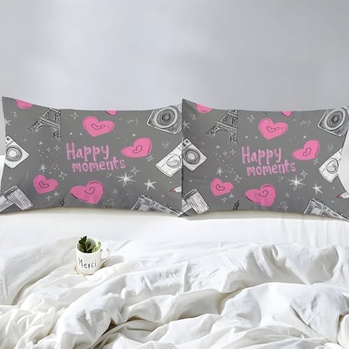 Fitted Sheet Set 3 Pieces Twin XL Size Simple Heart Camera White Gray