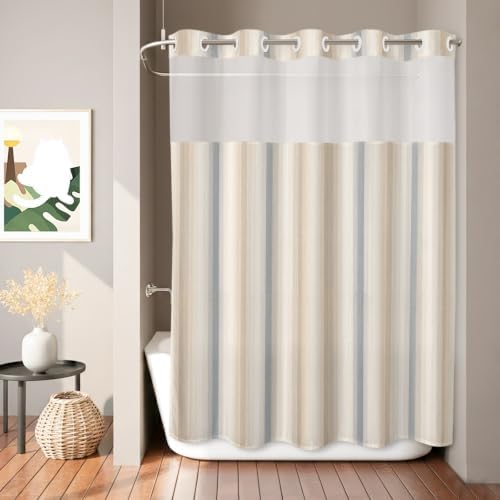 Extra Long No Hook Shower Curtain Bathroom Decor Brown Gray Striped
