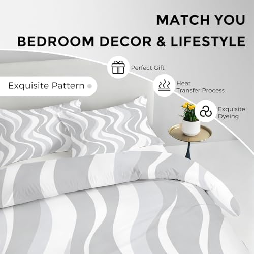 Abstract Geometry Duvet Cover Queen, White Grey Wave Line Bedding Set