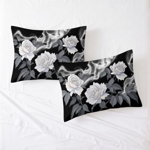 King Duvet Cover Set Plant White Rose Leaves Soft Microfiber