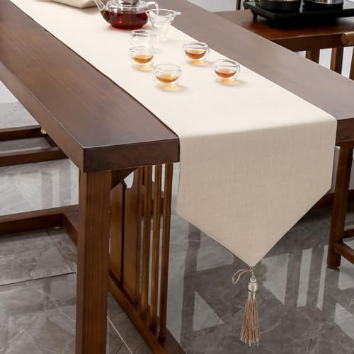 94.5 Inch Long Kitchen Table Runner,Cotton Linen Blend,Beige White