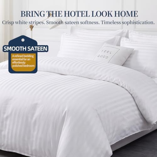 Cotton Sateen Stripe Duvet Cover Set Soft Hotel Bedding White,90