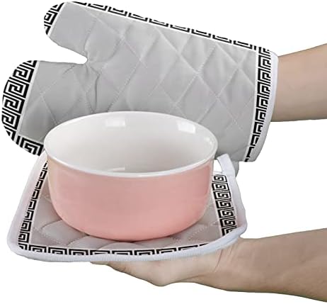 Oven Mitts and Pot Holder Set for Kitchen, Grey Floral Pattern 12 Inch
