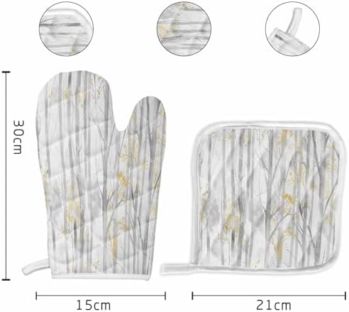 Oven Mitts and Pot Holder Set for Kitchen, Grey Watercolor Abstract
