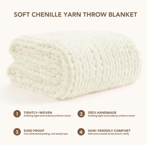 L'AGRATY Chunky Knit Throw Blanket for Couch, 50 x 70 Inches, Cream