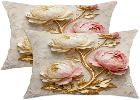 Peony Throw Pillow Covers Set of 2, Elegant Sophisticated Gold Leaves