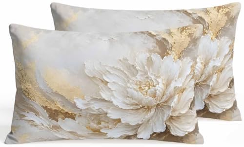 White Floral Lumbar Pillow Covers 12 x 20 Inch Pillow Covers Set of 2