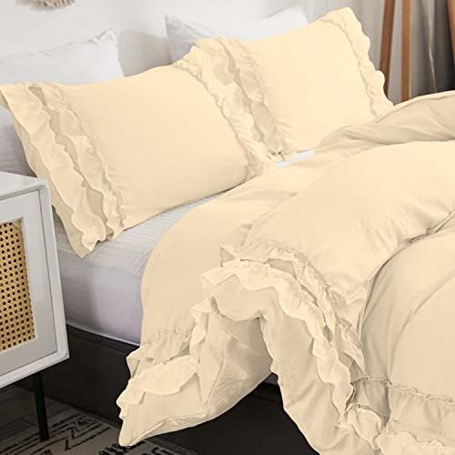 Luxurious 3 Piece Double Ruffle Duvet Cover with Zipper Closure, 100%