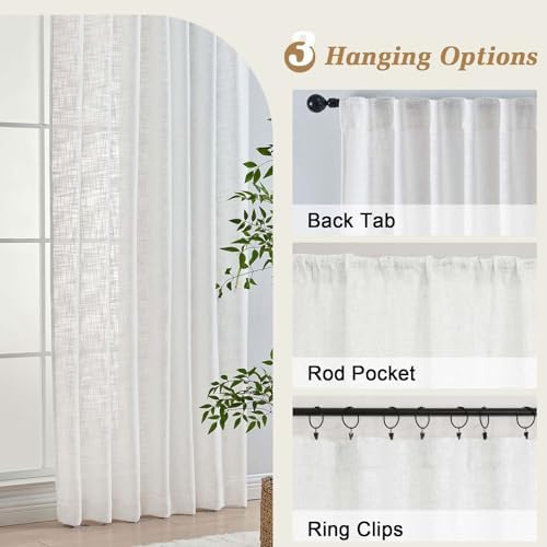 OWENIE White Faux Linen Curtains for Bedroom Living Room 63 Inch