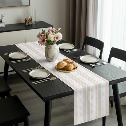 Beige Striped Table Runner 108 Inch Long Dresser Scarves Cotton Linen