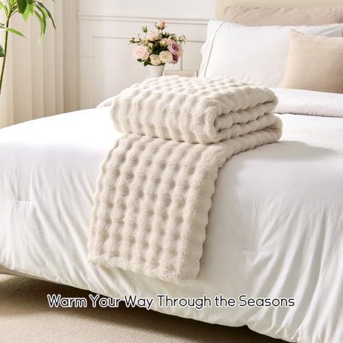 Lotus Karen 3D Bubble Fleece Blanket - Ultra Soft Fluffy Beige King