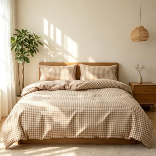 Khaki Gingham Duvet Cover Set Soft Bedding Cover 3 Pieces Bedroom