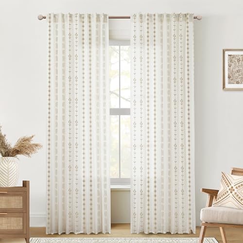 Dark Brown and Cream Beige Sheer Linen Curtains 96 Inches Long,Boho