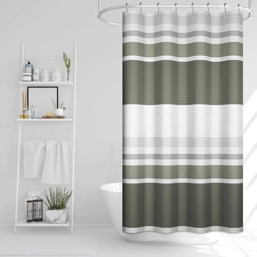 Renaiss Gray Green Striped Waffle Weave Small Stall Shower Curtain