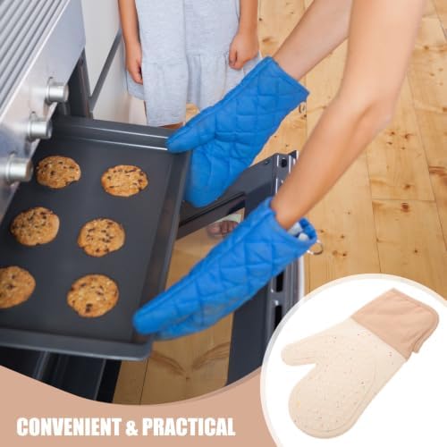 Beige Silicone Cotton Oven Mitts with Non Slip Grip for Cooking