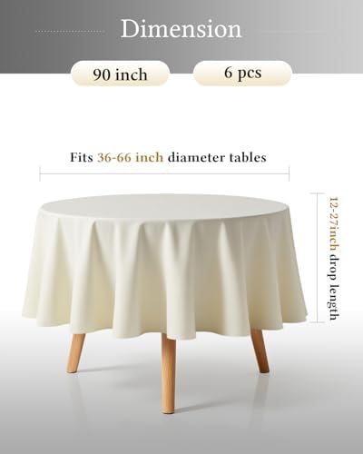 BESTVIP 6 Pack 90" Ivory Round Tablecloths | Fits 36"-66" Tables