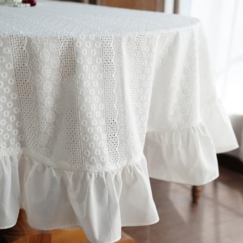 Oval Cotton Tablecloth Ruffled Lace Farmhouse, White 60" x 104"