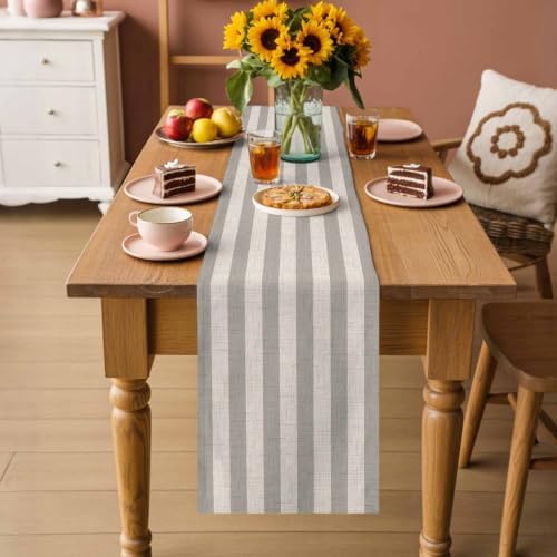 Gray Beige Striped Table Runners 90 Inches Long, Modern Burlap Texture