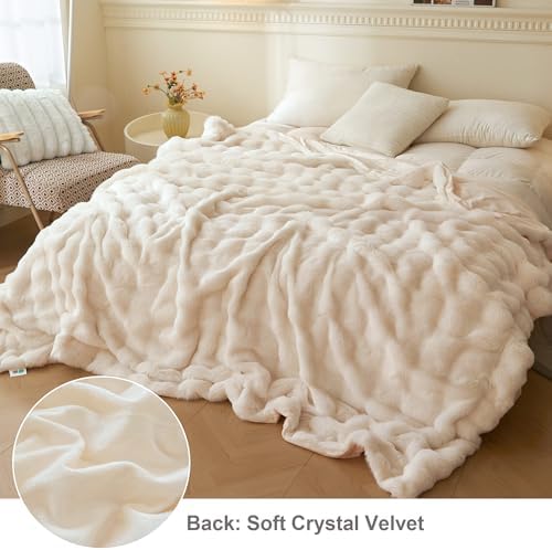 LIFEREVO Fluffy Faux Rabbit Fur King Size Bed Blanket 104x90, Beige