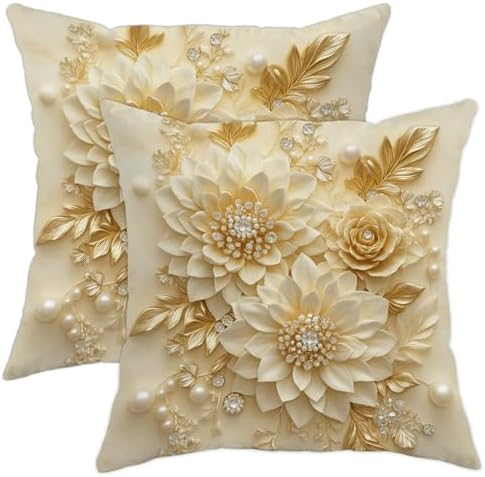 Elegant Floral Printing Pillow Covers Set of 2, Cream Gold Decorative