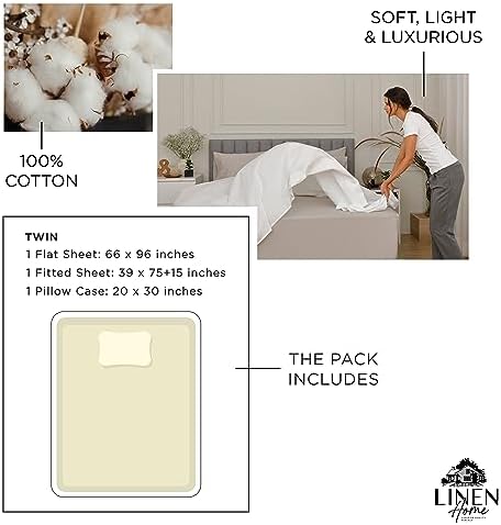 Linen Home 100% Cotton Percale Sheets Twin Size, Cream, Deep Pocket