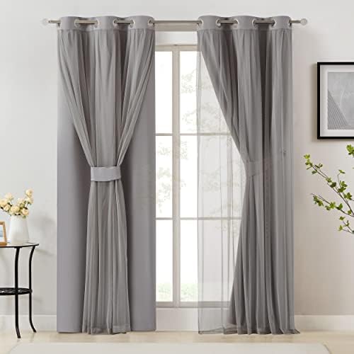 Bujasso Grey 90% Blackout Curtains with Sheer Overlay Mix and Match