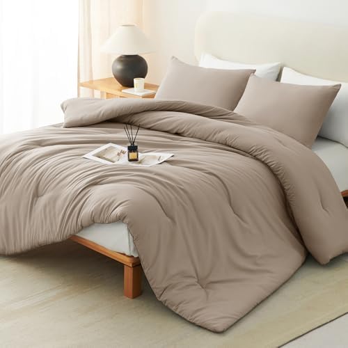 CozyLux Full Comforter Set, 3 Pieces Down Alternative Bedding, Khaki