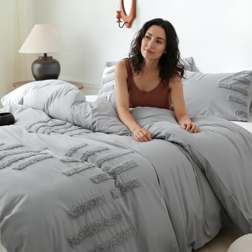 Simple&Opulence 100% Washed Cotton Tufted Duvet Cover Set King Size