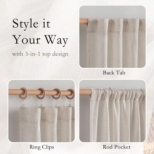 MYSKY HOME Natural Linen Sheer Curtains 63 Inch Length for Bedroom