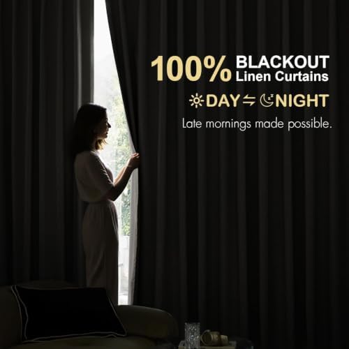 MIULEE Linen 100% Blackout Curtains 84 Inch Length 2 Panels, Back Tab