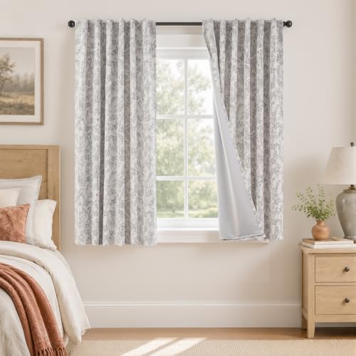 Lazzzy Grey Floral Linen Lined Curtains Rod Pocket 50W X 63L 2 Panels