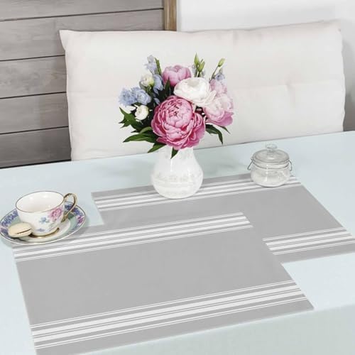 Placemats Set of 8, Grey Stripes Farmhouse Style Washable Table Mats