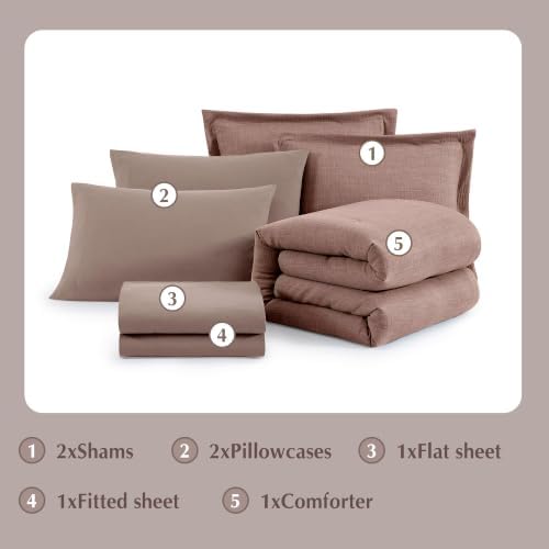 Full Comforter Set - 7 Pieces Solid Bedding Sets Textured Bed in a Bag