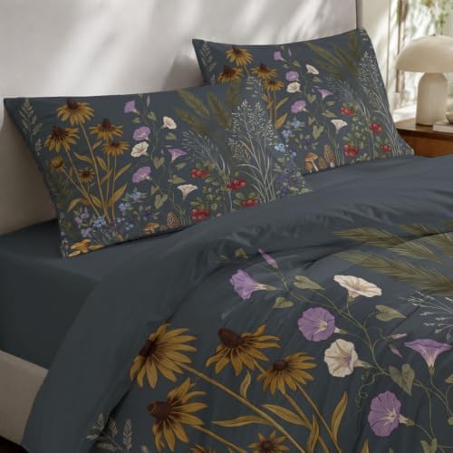 Retro Pastoral Reversible Grey Duvet Cover Set King Size