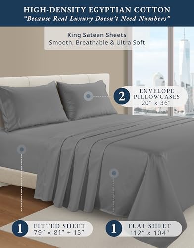 LANE LINEN King Size Sheets 100% Egyptian Cotton Sateen - Charcoal