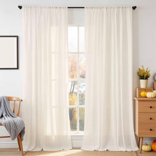 Cream Sheer Curtains 108 Inches Long, Solid Color Farmhouse Aesthetic