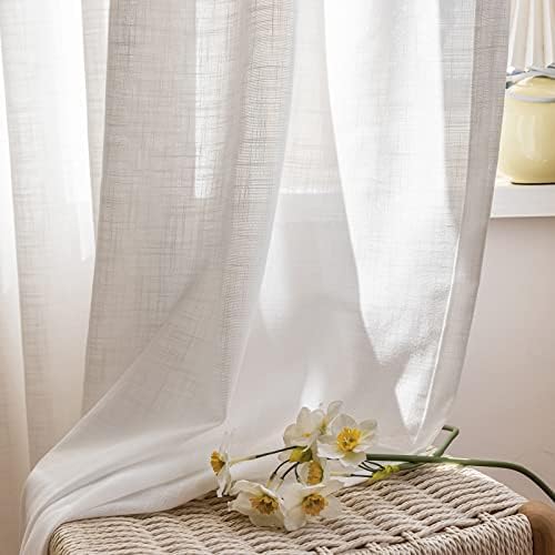 White Sheer Curtains 120 Inches Length 2 Panels, Linen Textured Window