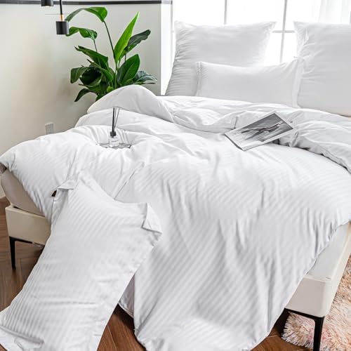 Hotel Duvet Cover Queen Size White Satin Pin Striped 3 Piece Set