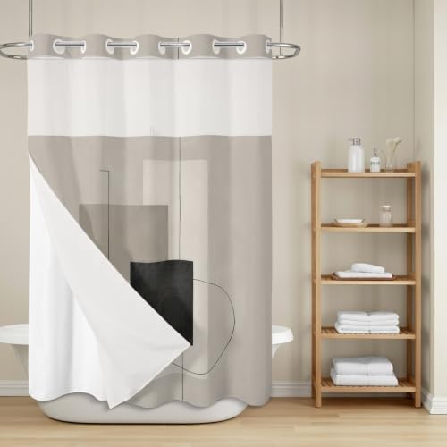No Hook Geometric Abstract Shower Curtain with Snap in Liner Set, Grey