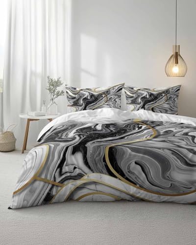 Duvet Cover Set Queen, Abstract Gray Gold Marble Texture 3 Piece