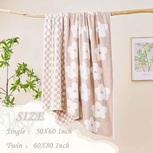 XIBLC Checkered Throw Blanket, Beige Super Soft Knit Breathable Throw