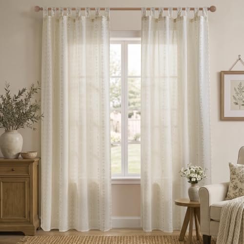 Tab Top Farmhouse Cream Cottage Core Patterned Linen Curtains 84 Inch