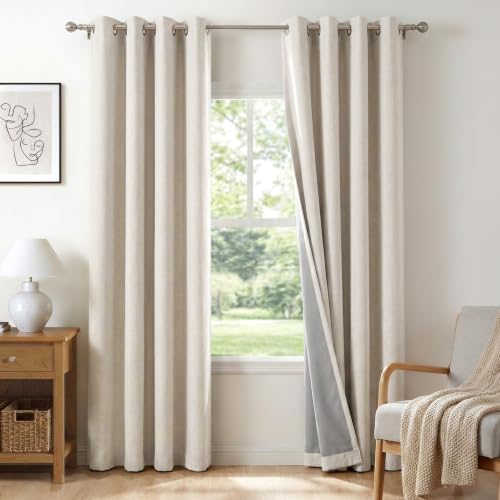 100% Blackout Linen Curtains 108 Inch Long 2 Panels Set, Beige