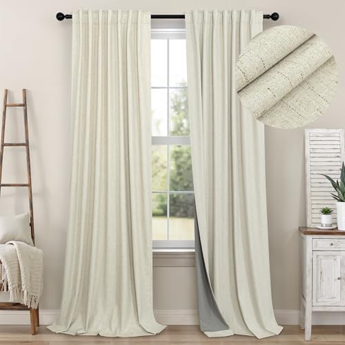 Pitalk 100% Blackout Cream Beige Linen Textured Curtains and Ivory