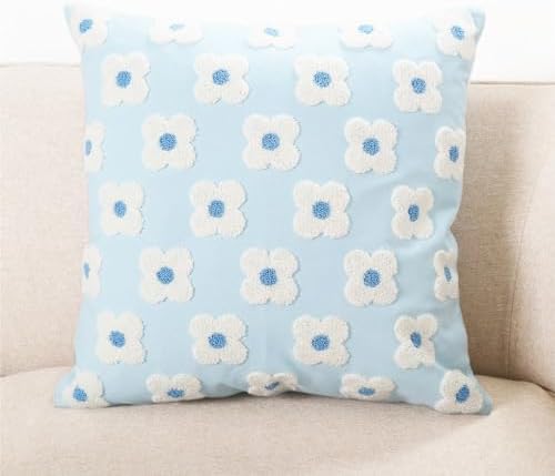 DECOBIRD Embroidery Throw Pillow Cover 20x20 Light Blue Floral Design