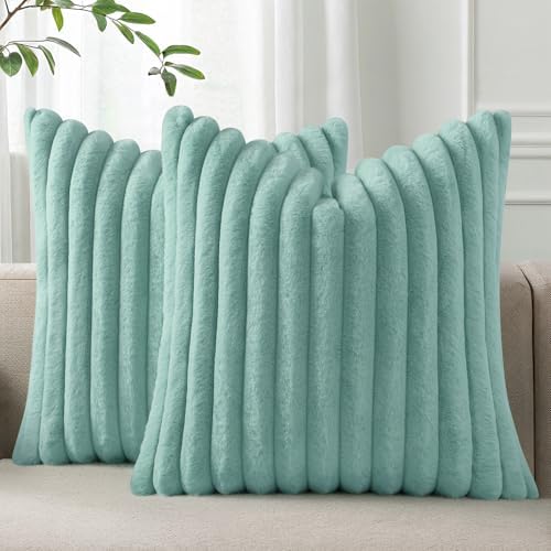 Pallene Faux Fur Decorative Throw Pillow Covers 22x22 Set of 2, Aqua