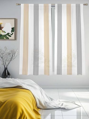 Beige Grey Stripe Sheer Curtains 72 Inches Long 2 Panels, Semi Sheer