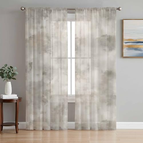 Beige Sheer Curtains 72 Inches Long 2 Panels, Semi Sheer Rod Pocket