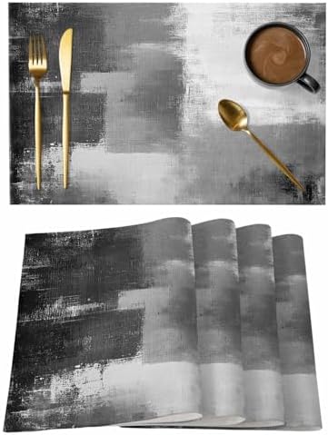 Gray Color Block Placemats Set of 8, Abstract Shabby Washable Heat